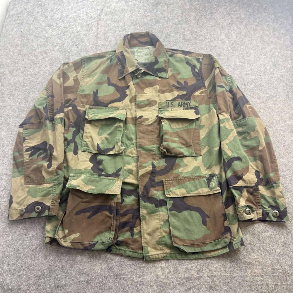 VTG 80s US Military Woodland Camo Combat Coat Medium Regular BDU Jacket Patches